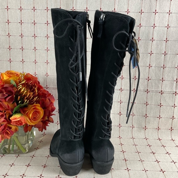 Aqua Sofft “Sharnell” Black Suede Knee High Boots Lace Up Back Water Resistant 6 - Picture 2 of 9